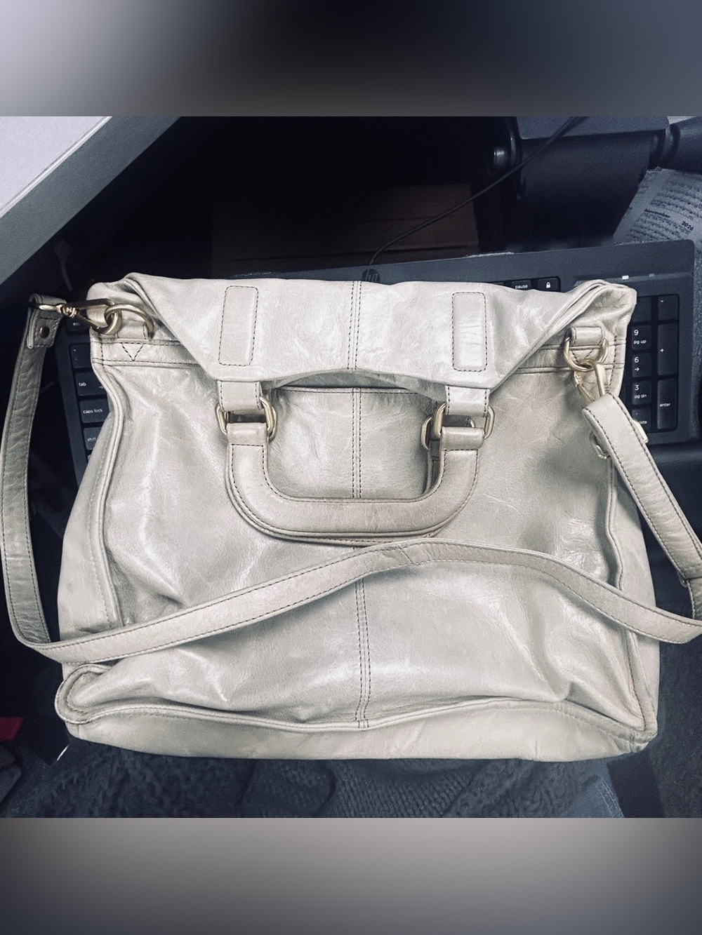 HOBO Cream Sheila Fold Leather Satchel Bag